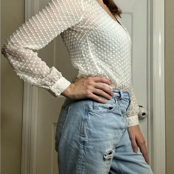 Beyond Vintage Swiss Dot V-Neck Long Sleeve Sheer Silk Top in White - Small - Picture 15 of 16